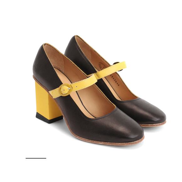 Fluevog Joanne Column Heeled Mary Jane Black and Yellow leather sz 9 - Picture 1 of 12